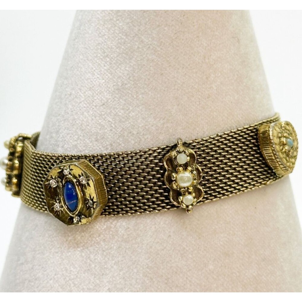Vtg Victorian Revival Gold Tone Mesh Charm Bracelet Crescent Moon Heart Ornate
